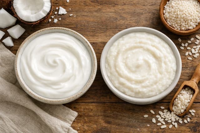 Confronto tra Yogurt di Cocco e Yogurt di Riso con ingredienti freschi.