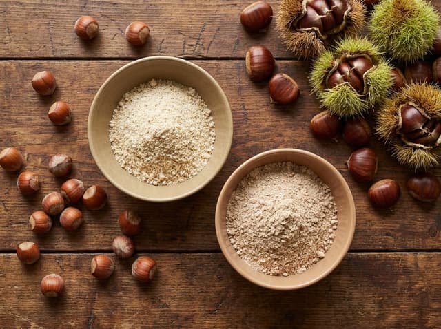 Plain ceramic bowls with hazelnut and chestnut flour beside whole hazelnuts and chestnuts on rustic wood