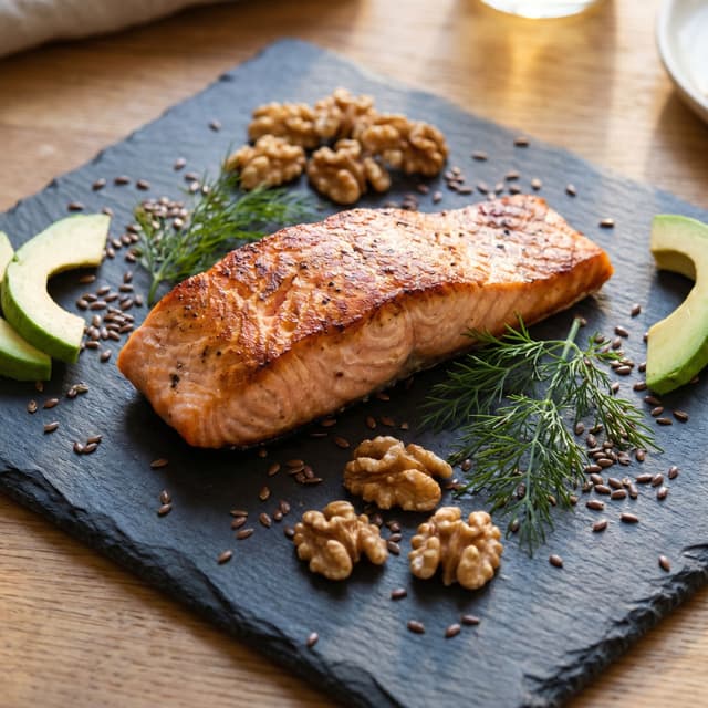 Salmon fillet with walnuts, flax seeds and avocado - Omega-3 rich foods for brain health