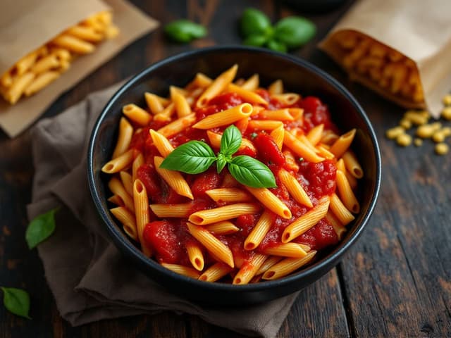 Piatto di pasta con pomodoro e basilico su ardesia scura