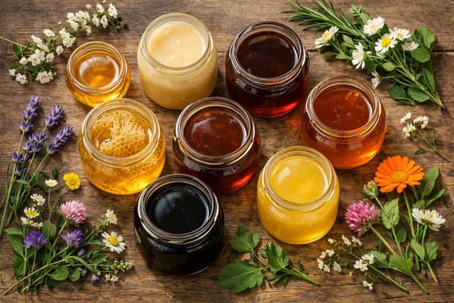 A beautiful comparison between Monofloral Honey and Polyfloral Honey with fresh ingredients.