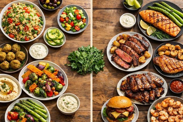 Confronto tra Dieta Vegetariana e Dieta Onnivora con ingredienti freschi.