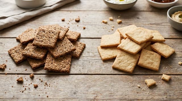 Cracker integrali e cracker senza glutine su un piano di legno