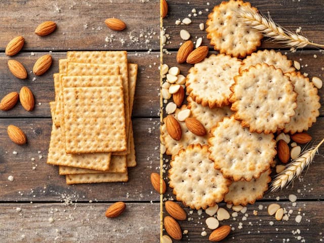 Two stacks of unbranded biscuits on a rustic wooden table with scattered autumn leaves