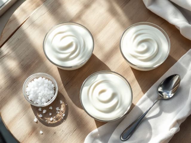 Glass bowls of creamy yogurt with sugar crystals and spoons on a wooden table