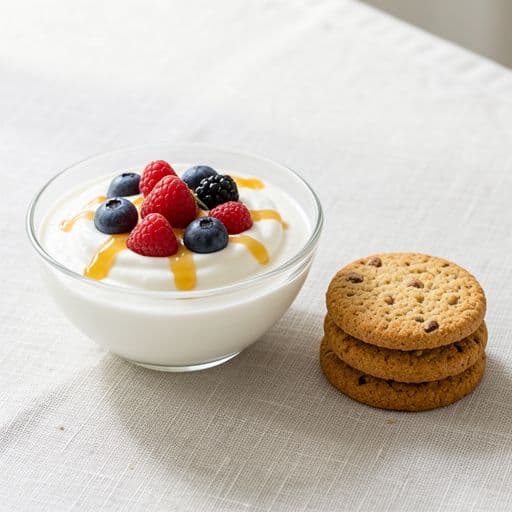 Illustrazione generata con AI: ciotola di skyr con frutti di bosco e biscotti integrali