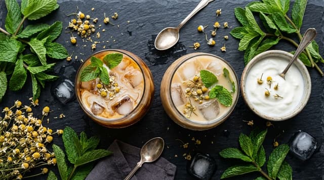 Two iced herbal tea glasses with different milk bases, mint leaves and chamomile flowers on a slate surface