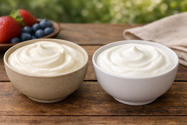 A beautiful comparison between Low Lactose Yogurt and Regular Yogurt with fresh ingredients.