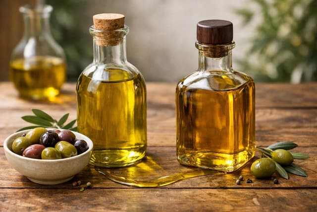 A beautiful comparison between Italian Olive Oil and Spanish Olive Oil with fresh ingredients.