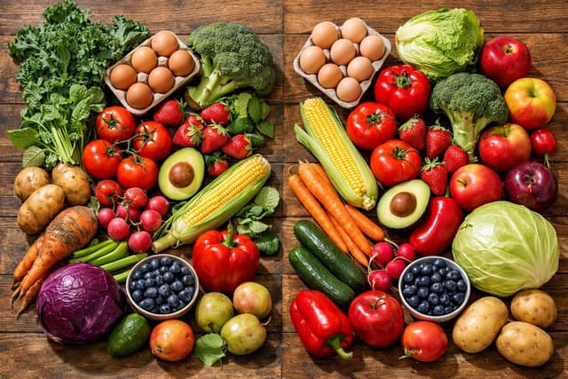 A beautiful comparison between Organic and Non-Organic Food with fresh ingredients.