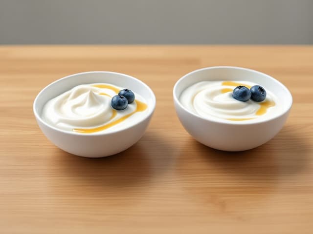 Due vasetti di yogurt senza marca su un piano di legno con frutta fresca e miele