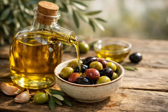 A beautiful comparison between Avocado Oil and Olive Oil with fresh ingredients.