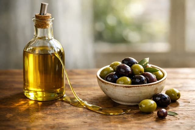 A beautiful comparison between Extra Virgin and Virgin Olive Oil with fresh ingredients.