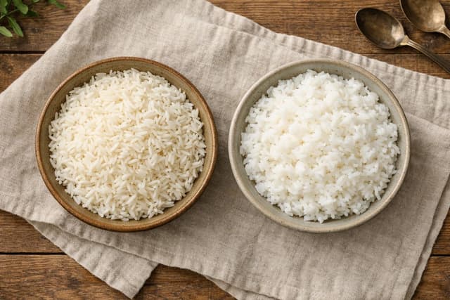 A beautiful comparison between Basmati Rice and Jasmine Rice with fresh ingredients.
