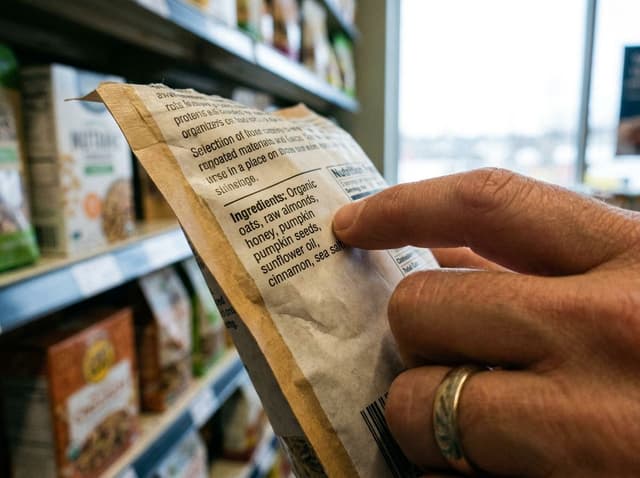 Generic packaged foods viewed through a magnifying glass to explain misleading food label claims.