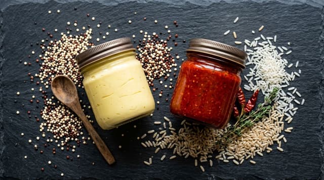 Two unbranded condiment jars, one pale yellow and one deep red, with gluten-free grains on slate