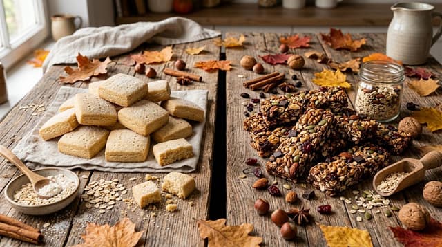 Split wooden table: golden shortbread cookies on the left, granola bars on the right, autumn leaves