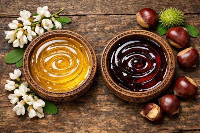 A beautiful comparison between Acacia Honey and Chestnut Honey with fresh ingredients.