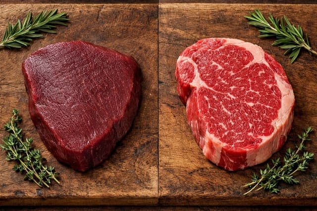 A beautiful comparison between Buffalo Meat and Beef with fresh ingredients.