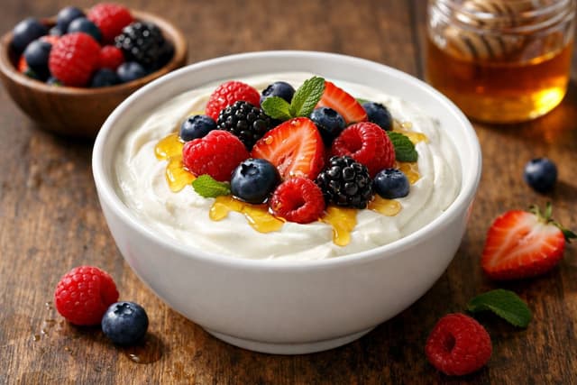 A beautiful comparison between Greek Yogurt and Regular Yogurt with fresh ingredients.