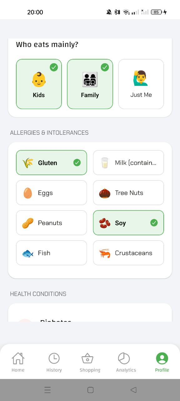 FoodReveal profile setup screen with health preferences