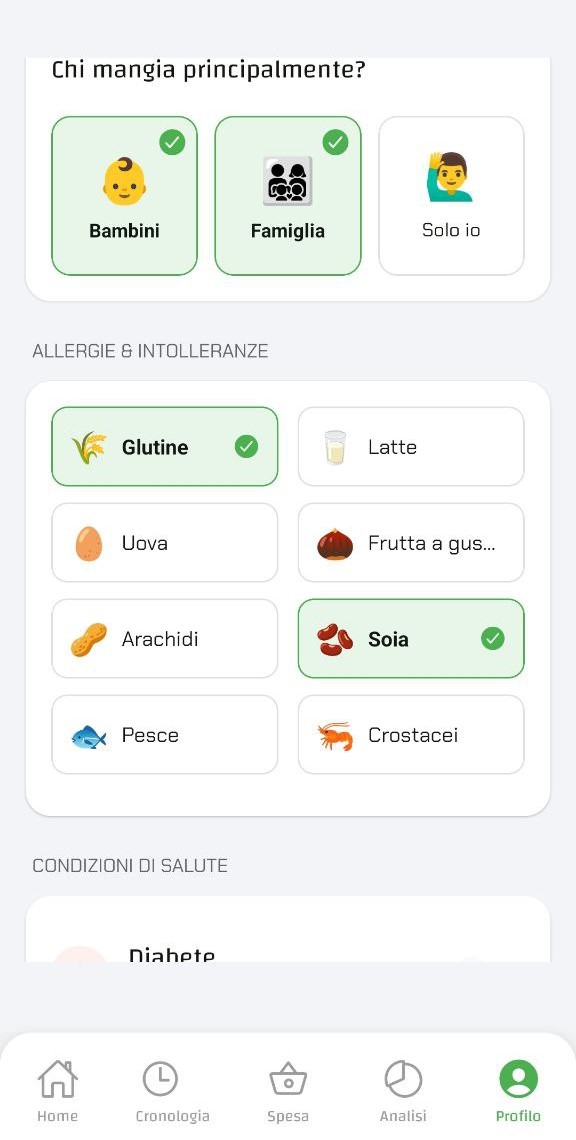 Schermata di configurazione profilo FoodReveal con preferenze di salute